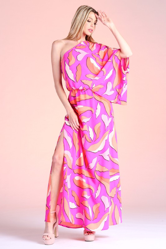 Leaf Print One-Shoulder Pink Maxi Dress-Avah Couture