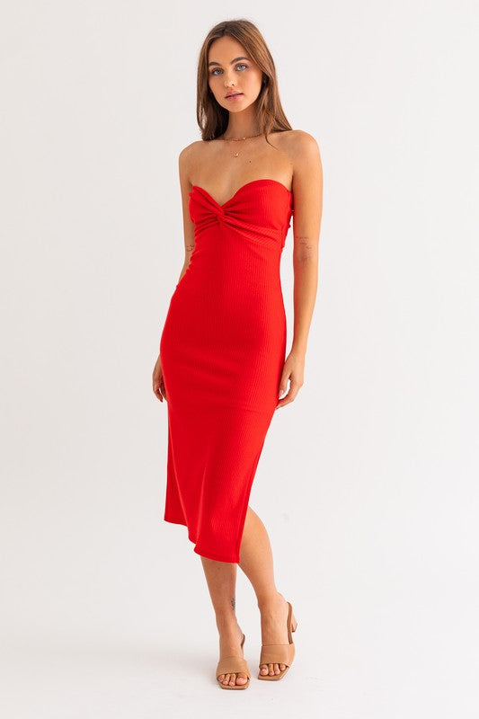Twisted Knot Top Red Midi Dress-Avah Couture