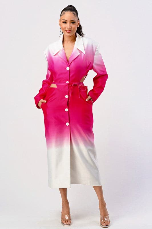 Avah Couture - Be a trendsetter this season with this color gradient white and pink trench coat. This modern coat features a side-to-back cutout and a long wrap tie, sure to get you many compliments. It has a collared neckline with notched lapels, side pockets, and a back vent for easy movement. The longline silhouette of this spring-ready piece pairs perfectly with jeans, pants, or dresses.  Collared neckline Notched lapels Pockets Back vent Longline silhouette - White/Pink